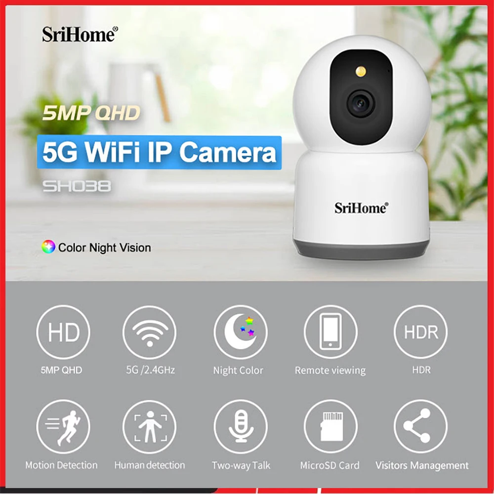 2.4G/5G Dual-Band 5.0MP QHD Wifi IP AI Wireless Starlight Camera 2-Way Audio Night Color Surveilla CCTV PTZ Camera Srihome SH038