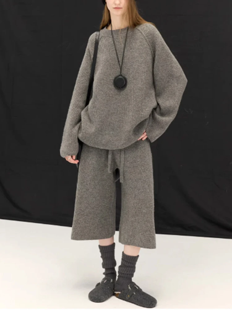 Spring Autumn Loose Knit Sweater Set Women Long Sleeves Pullover Sweaters+high Waist Casual Capri Pants Female Two Piece Set