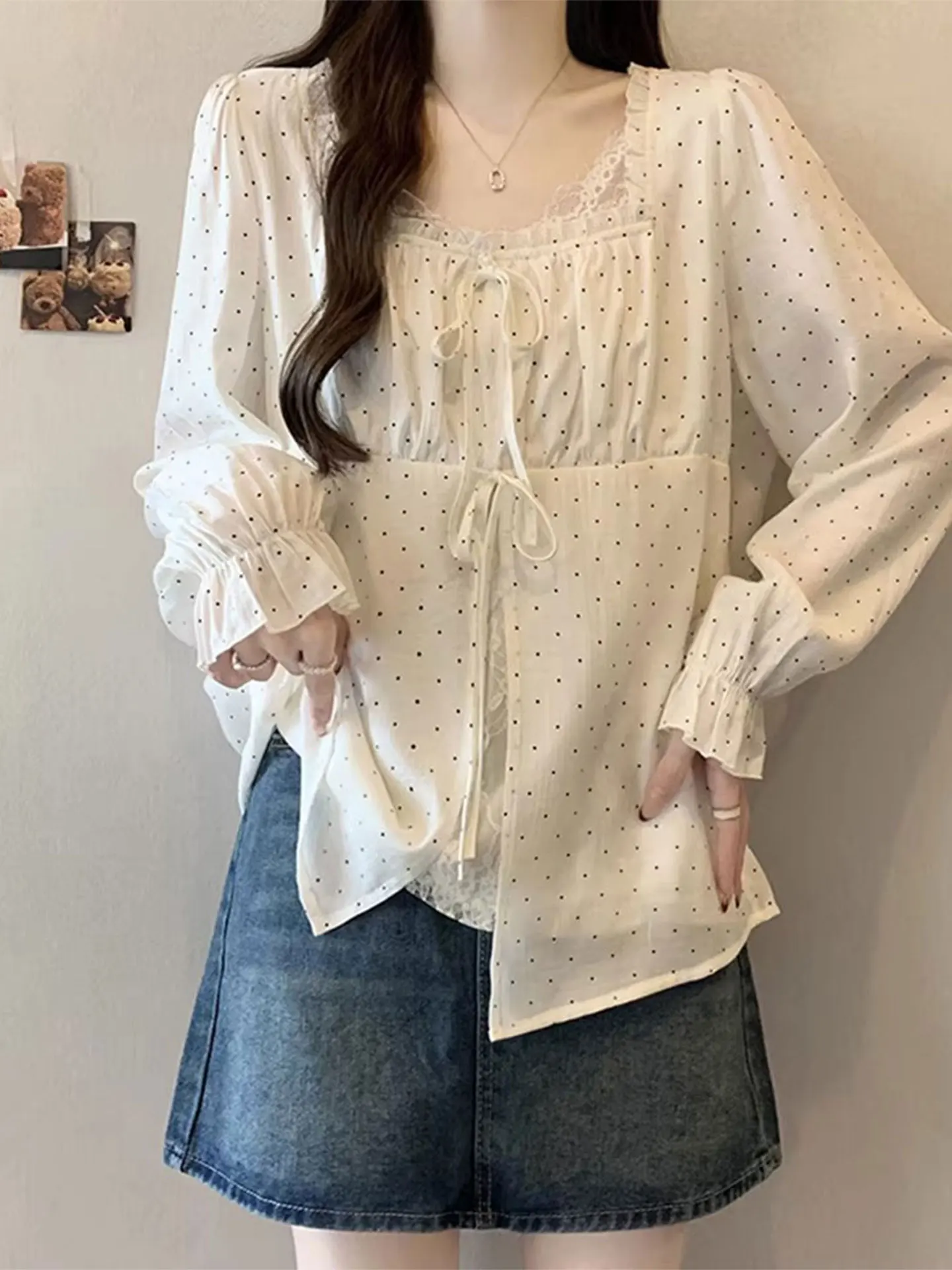 

Chic Polka Dot Long Sve Square Collar Doll irt Women's plus Size Spring Casual Sle Loose Fit Lace Snowflake Top