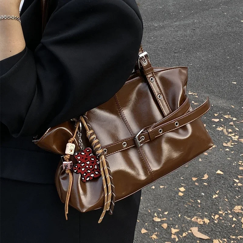 

Fashionable Designer Tote Bag Luxury Brand Shoulder Bags New Simple Belt Buckle Commuter Bags Premium Waxed Leather Women's Bags