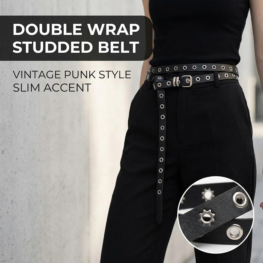 Vintage Punk Double Ring Studded Skinny Belt for Women Black PU Leather Adjustable Waist Belt 195cm Music Festival Streetwear