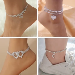 Fashion Silver Color Rhinestone Double Heart Anklet for Women Moon Ankle Bracelet Chain Summer Beach Foot Ornaments Ins Jewelry