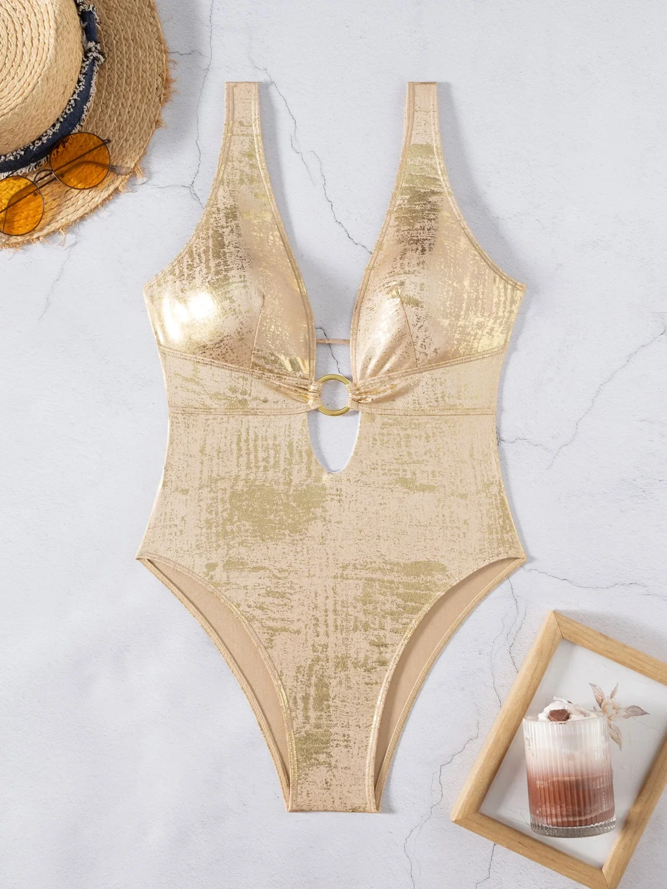 

sexy glitter metallic ring swimsuits one piece deep v-neck women's bikinis back tie swimwear bathing suit beach outfits bodysuit