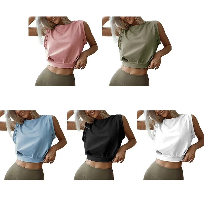 Women Summer Sleeveless Loose T-Shirt Athletic Running Gym Workout Crop  Top