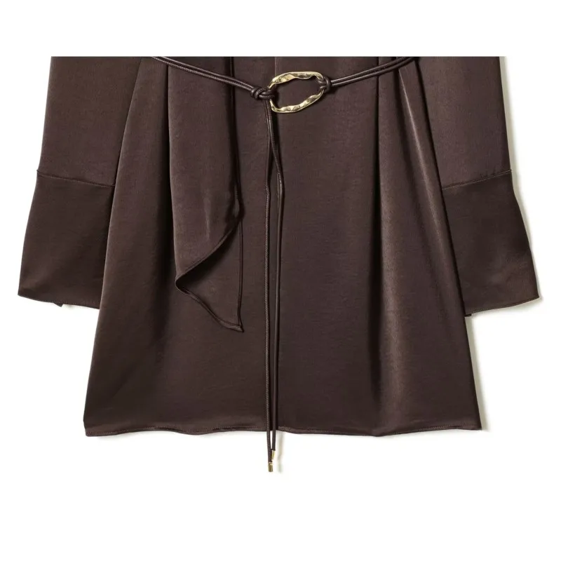 Sukienka midi damska z satyny na wiosnę i lato z paskiem, elegancka sukienka mini damska z wysokim dekoltem i długim rękawem, modne i szykowne sukienki damskie.