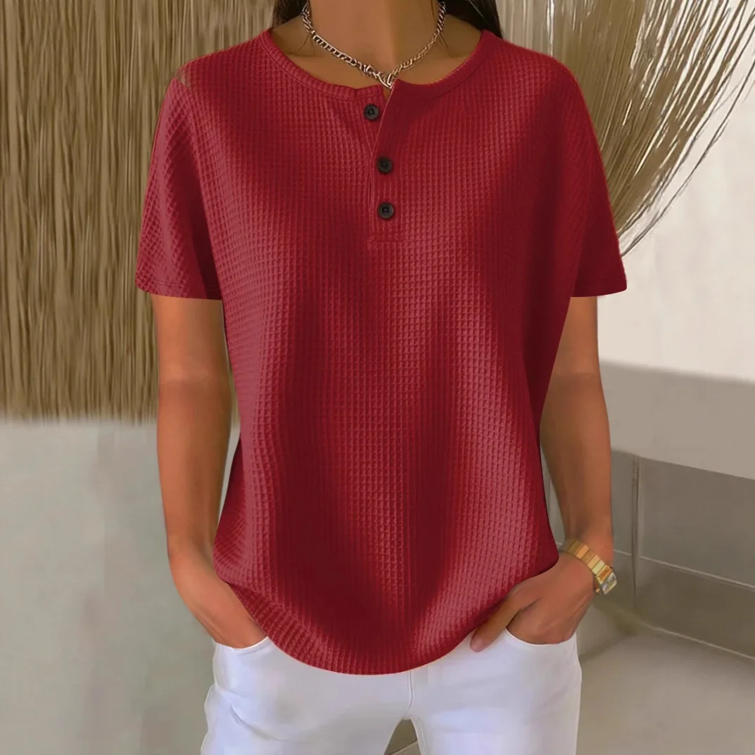 Fotografia 3: Blusa de Malha Waffle com Gola Redonda, Nova Coleção Verão 2026, Cor Sólida, Manga Curta