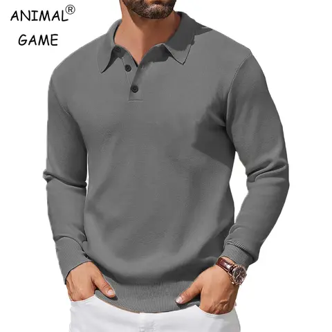 Mens Long Sleeve Polo Sweater Knit Casual Heavyweight Thermal Pullover Sweater Winter Warm Wool Jumper Button Down Streetwear