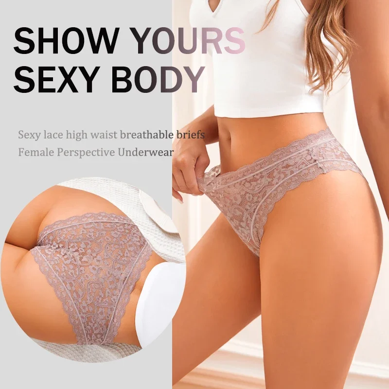 5Pcs/Set Sexy Lace Floral Perspective Panties Women Summer Breathable Cozy Underpants Solid Color Transparent Intimates Lingerie