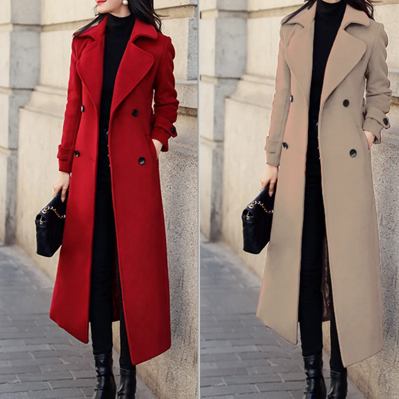 Winter Women\'s Coat Woolen Long Trench Outerwears Double-breasted Coats Belt Lapel Warm Streetwear Temperament Tops Jacket S-3XL