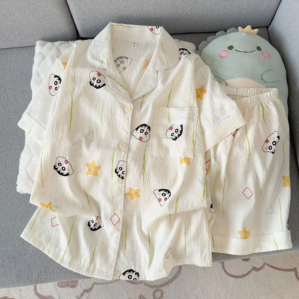 2026 Summer Women Crayon Shin-Chan Sleepwear Set Cute Cartoon Pajamas Anime Short-Sleeved Tops and Shorts Loungewear for Girls