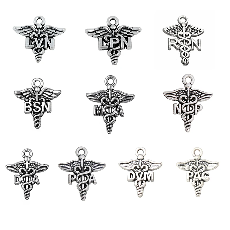 10 stücke Legierung Caduceus medizinisches Symbol gemischte Charms bsn da dvm ma np lpn lvn pa pac rn Charms 19*23mm