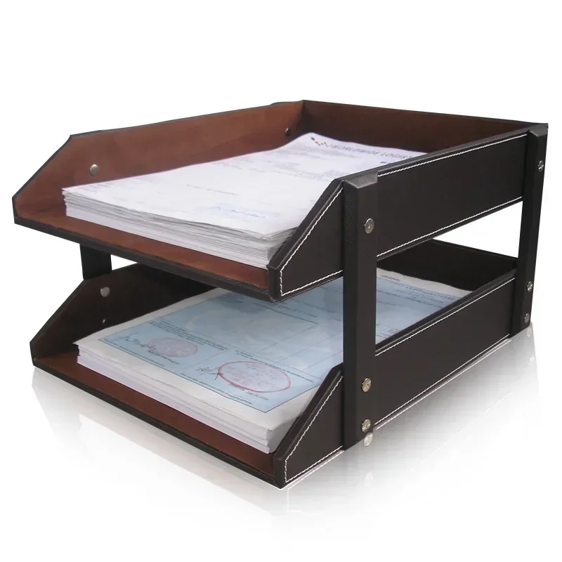 High Grade Leather Double-Layer A4 File Rack Data  Office Desktop File Tray Storage Rack Business Creative File Holder