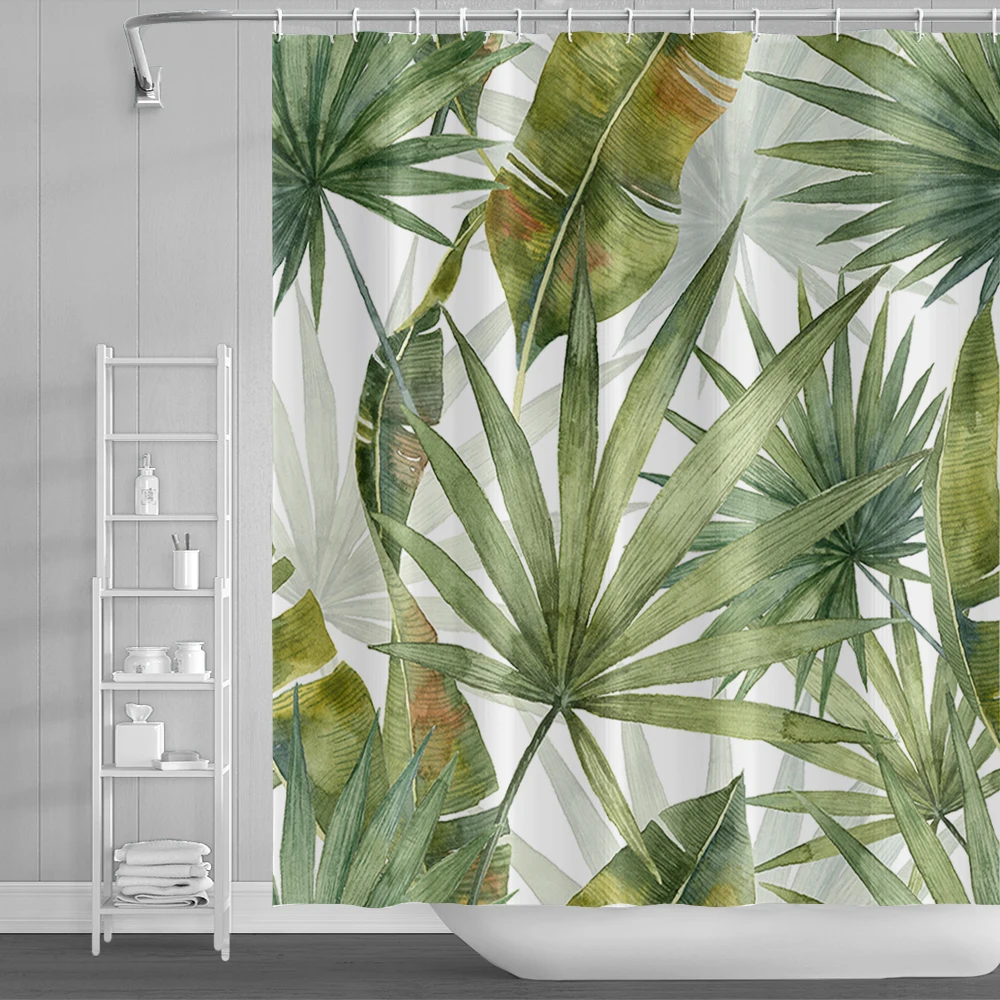 Tropical Jungle Green Leaves Flowers Shower Curtains Bathroom Decoration Waterproof Polyester Bath Curtain Home Decor With Hooks