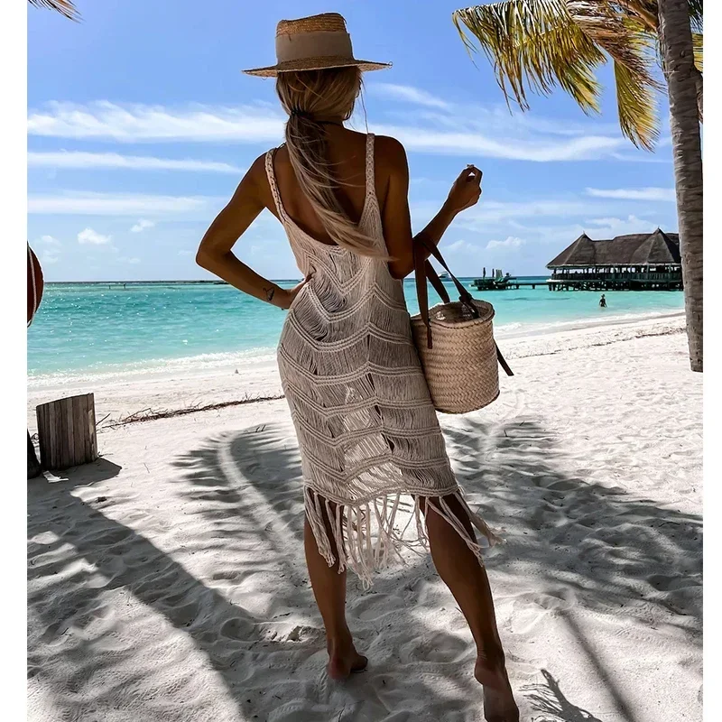 2024 White Crochet Tunic Bikini Cover-ups Sexy Hollow Out Dress Women Summer Clothes See Through Beach Wear Tassel Cover Up