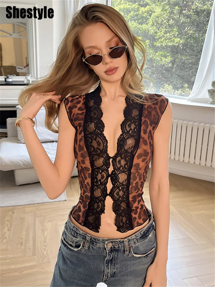

Shestyle Leopard Mesh See-Through Crop Tops Women Lace Deep V-Neck Sexy Short Sleeve Sheer Y2K Open Stitch T-Shirts Vest 2026