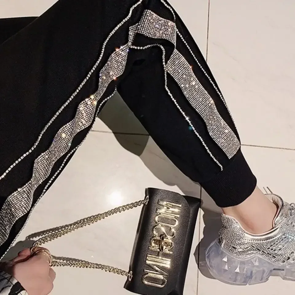 Women Pants Rhinestone High Waist Loose Black Pants Women\'s Pants Spring And Summer Pantalones De Mujer