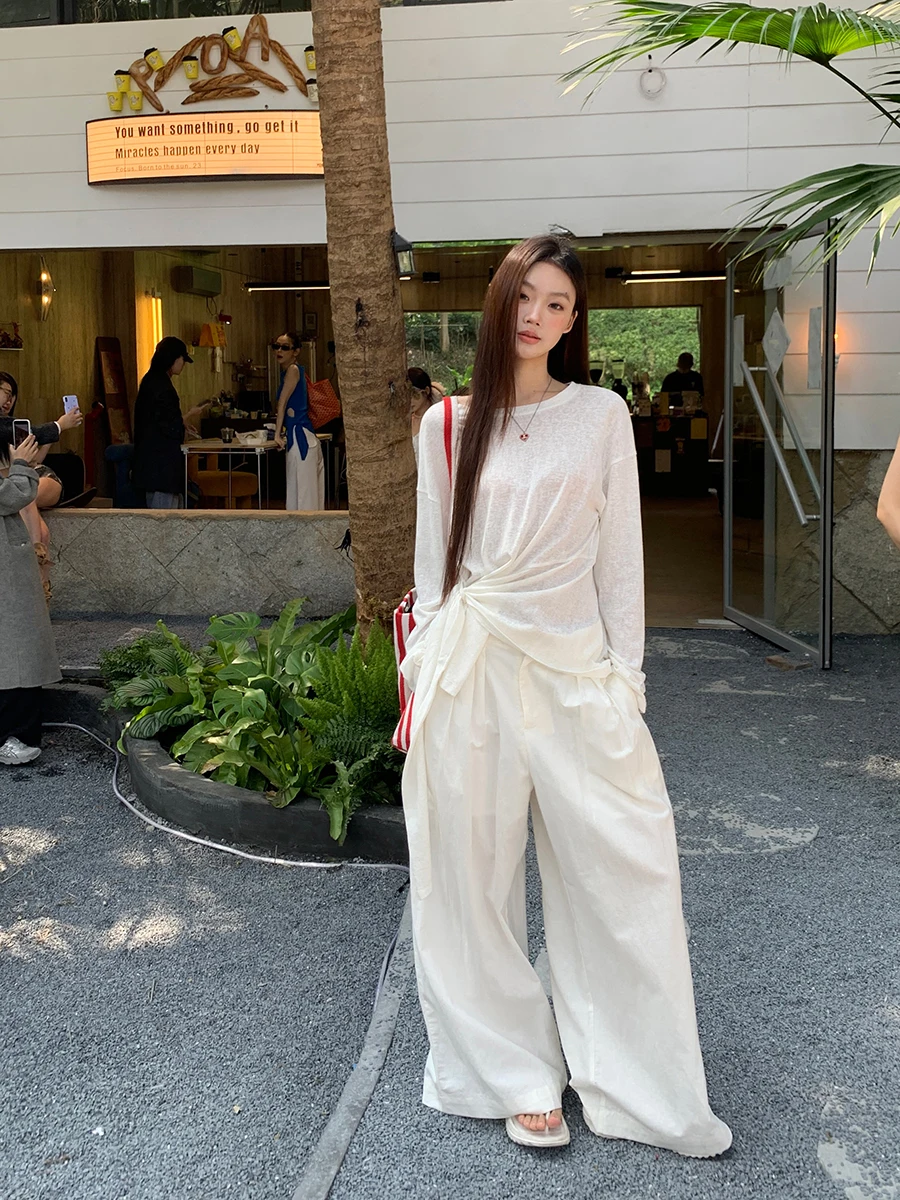 

Длинная футболка с защитой от солнца, женская летняя белая уникальная красивая футболка с плечами, элитный маленький топ в Корейском стиле