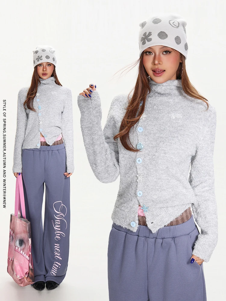 

Sle American Retro High Ne Long Sve Knitted Sweater Women's Spring Autumn Folded Button Warm Top