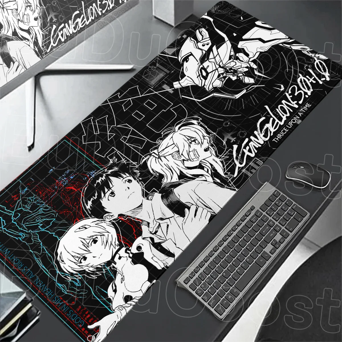 Mousepad Grande para Computador Anime Evangelion, Tapete de Mesa XXL para Laptop e Escritório, Tapete Gamer com Borda Costurada para LOL e CSGO