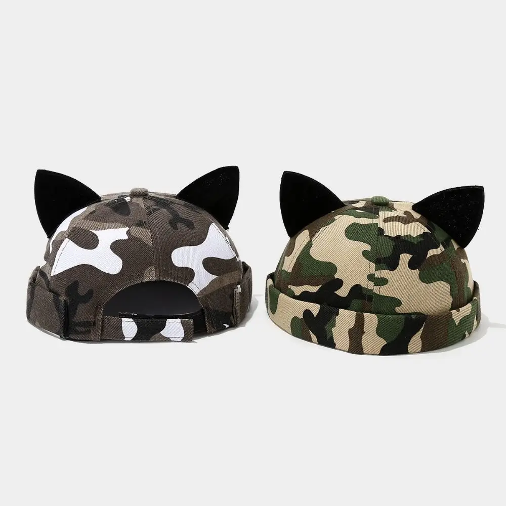 Bonnet docker unisexe noir réglable avec oreilles de chat, sans bord, style melon, à revers roulé