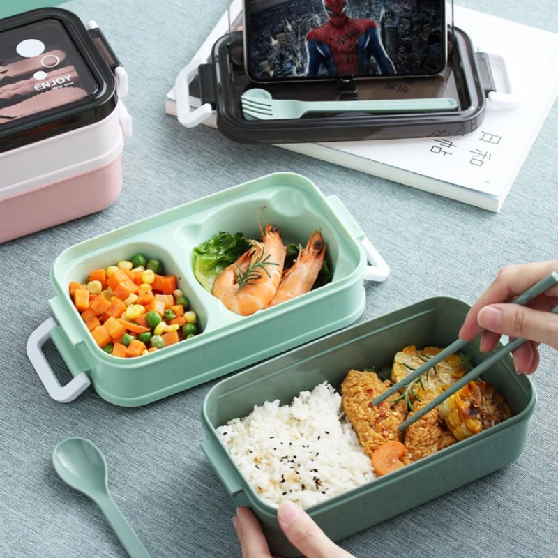 1pc 1400ml Double-layer Lunch Box Portable Compartment Food Box Microwave Lunch Box With Fork Chopsticks And Spoon Picnic Fresh image 4