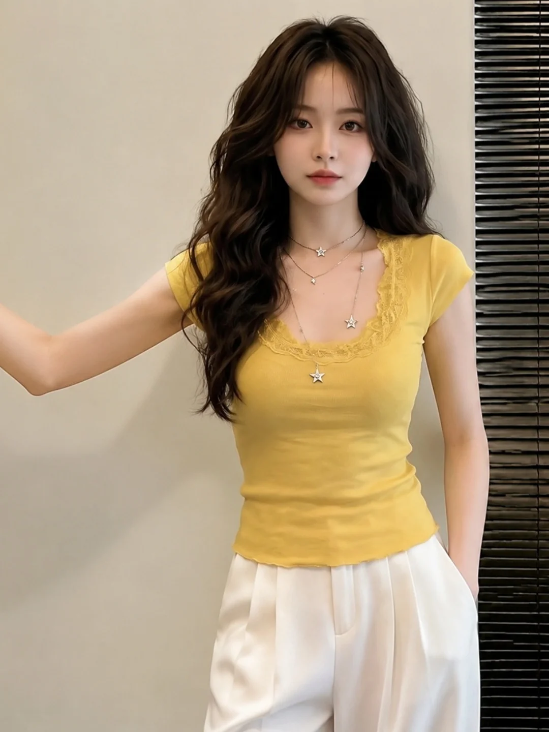 

Korean Style Square Collar Lace Splice Short Sleeve T-Shirt Slimming Women's Top Fashionable Summer Breathable Casual Shirt