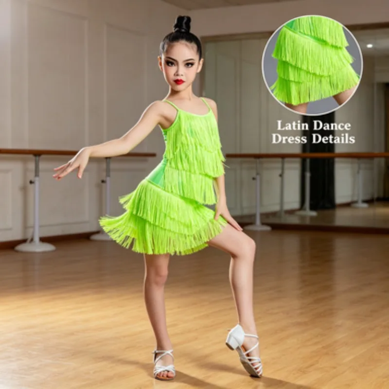

2026 New Summer Children's Latin Dance Outfits,Girls' Sling Tassel Dance Skirts,Clothes for Kids' Competitions and Performances
