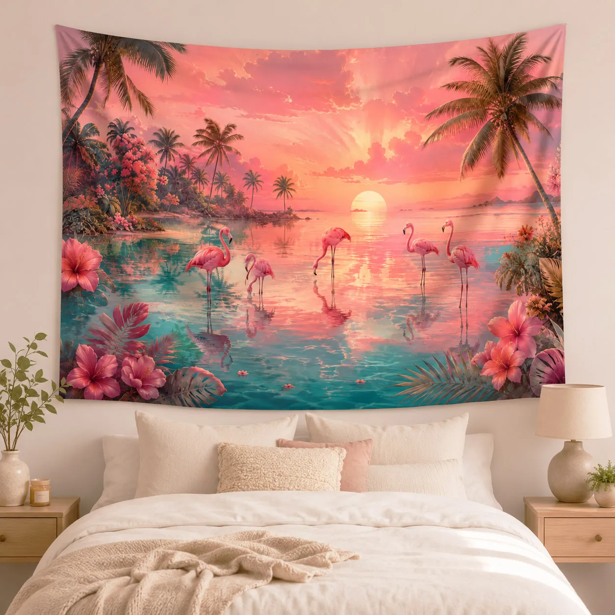 Flamingo Tapestry Tropical Sunset Beach Wall Hanging Pink Palm Tree Floral Wall Art for Bedroom Living Room Dorm Home Decoration
