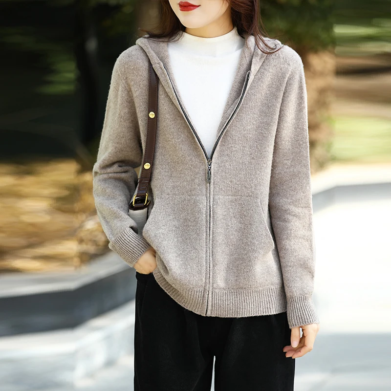 Hooded sweater for female outerwear wearing autumn and winter zippered sweater with thickened soft glutinous pure wool coat