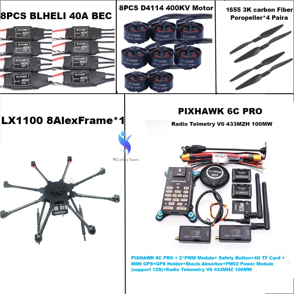 

LX1100 полностью из углеродного волокна 1100 мм Octa-Rotor Frame BLHELI 40A ESC PX4 Pixhawk 6C PRO M8N Flight Comtrol Set D4114 Motor