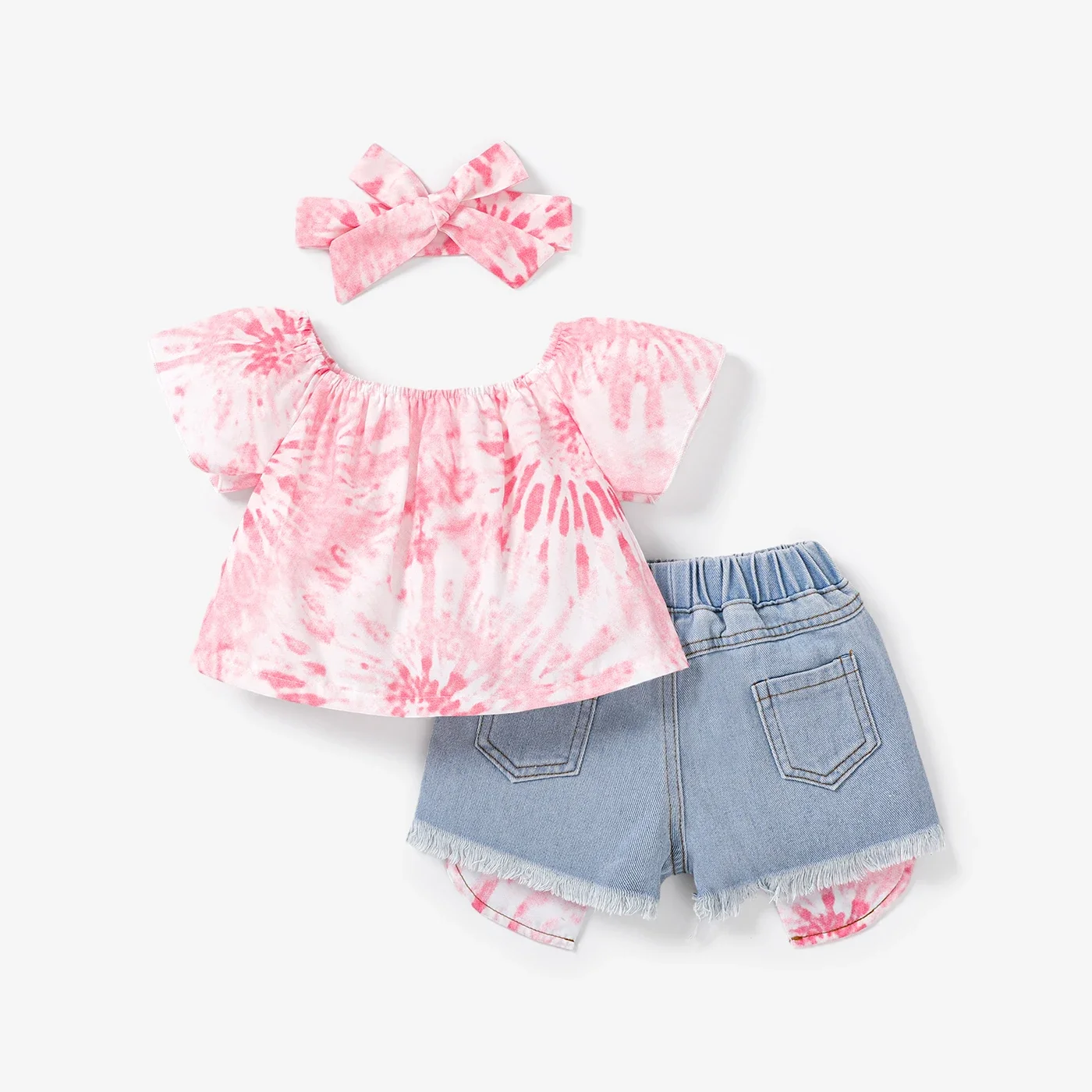 PatPat 3pcs Toddler Girl Tie Dye Top & Headband & Ripped Denim Shorts Set Suitable for Summer Season Perfect for Outings