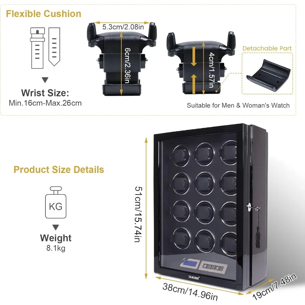 ملفاف ساعة لساعات أوتوماتيكية 6/9/12 مع قفل مفتاح، شاشة LCD، جهاز تحكم عن بعد، ضوء LED، وسادة ساعة قابلة للتعديل #3