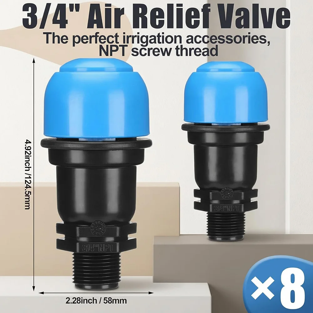 8 Pack 3/4 Inch 1'' PP Air Release Valve Vacuum Relief Bleeder For Irrigation Drip System Garden Agriculture Water Tool