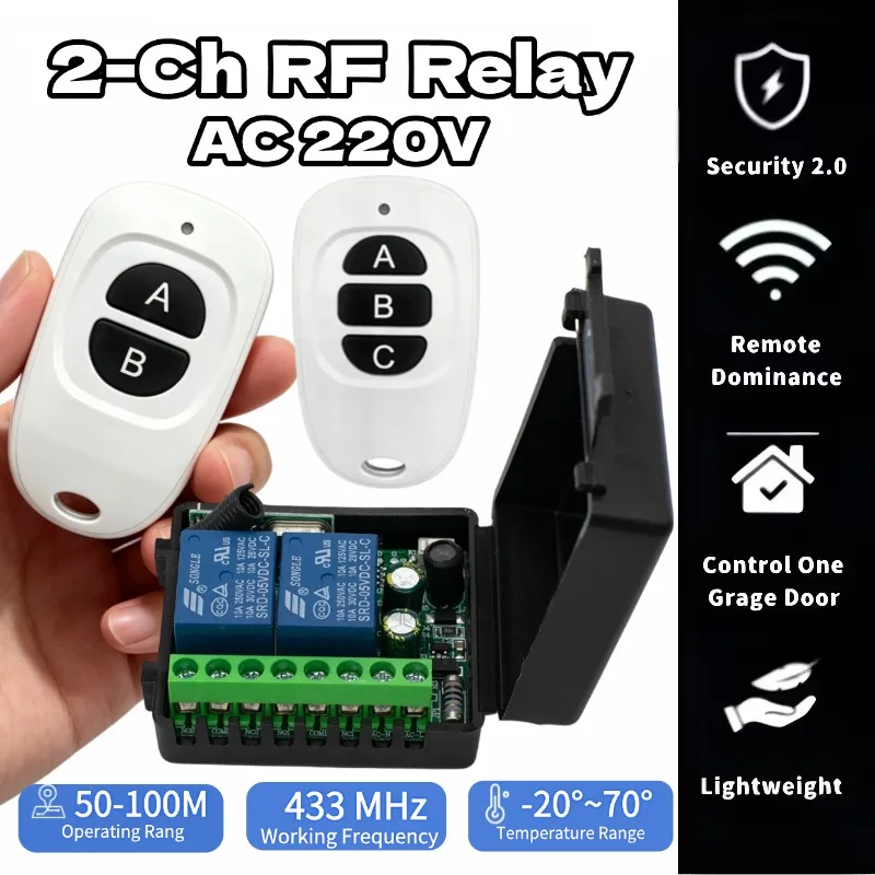 2 Channels 433Mhz RF Wireless Remote Control Switch AC 85-256V 220V 110V Relay 2CH Receiver Module For Garage Door Curtain Light