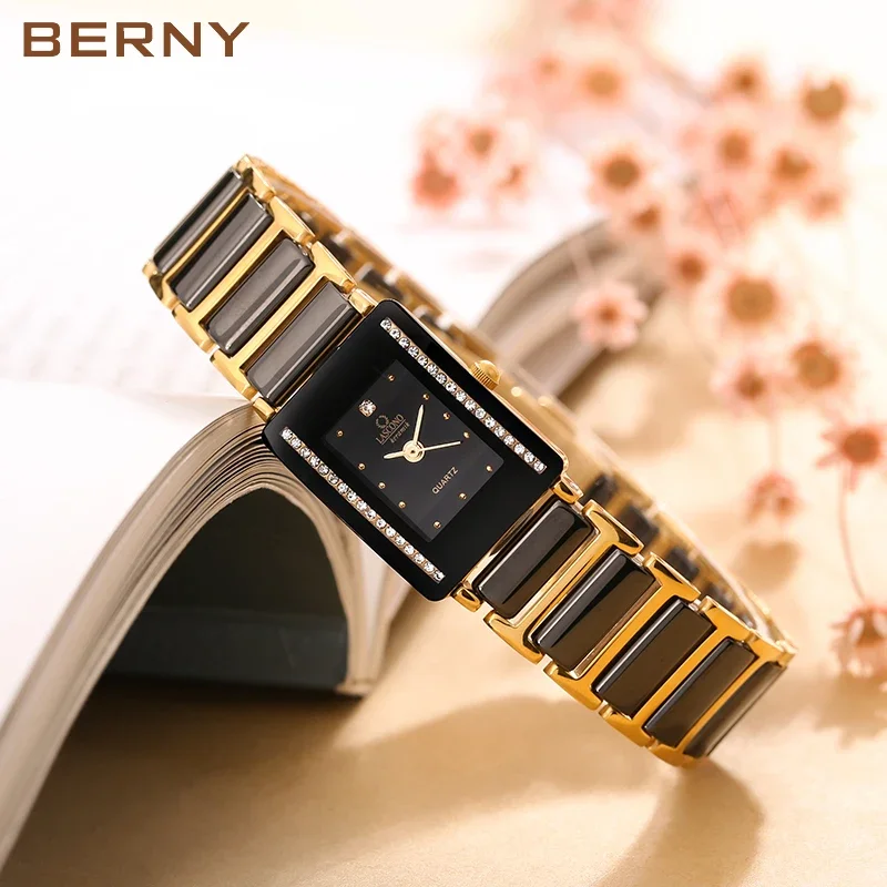 Brand Luxury Watch For Women Gold Japan Quartz Fashion Ladies Wristwatch Rectangle Copper Case Ceramic Bracelet Watch Female