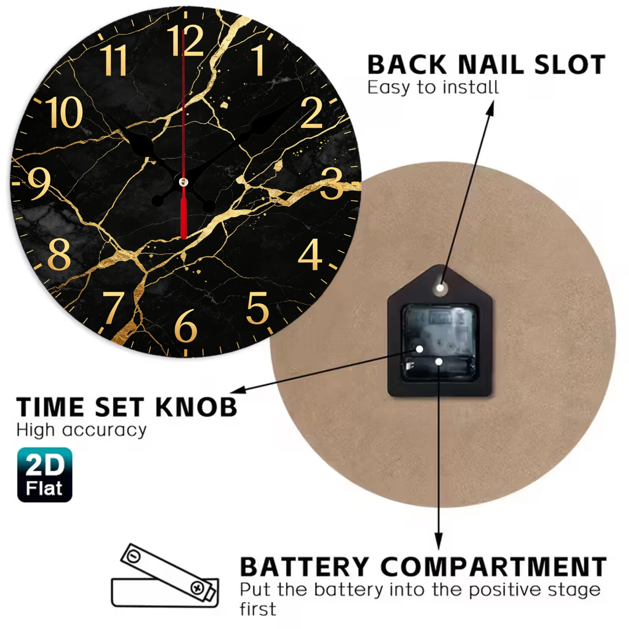 Black Gold Marble Vein Wooden Wall Clock, 10/12 Inch Round Wood Clock, Silent Non Ticking Quartz Movement, Luxury Texture Stone Printed Home Decor