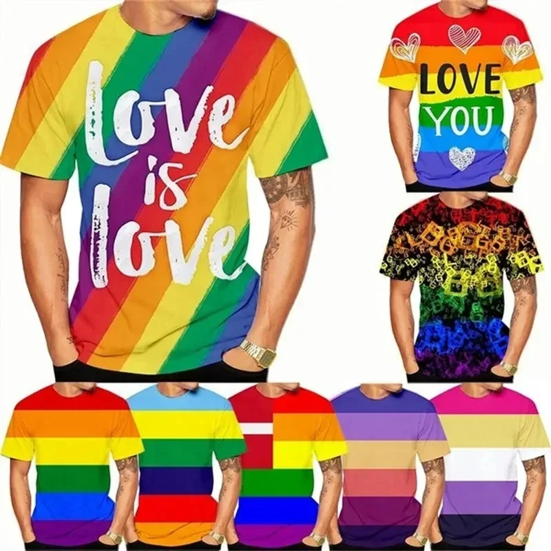 Fashionable Rainbow Colorful Pattern 3D Printed Men's T-shirt Large Size Personalized Simple Hip Hop Trend Short Sleeve