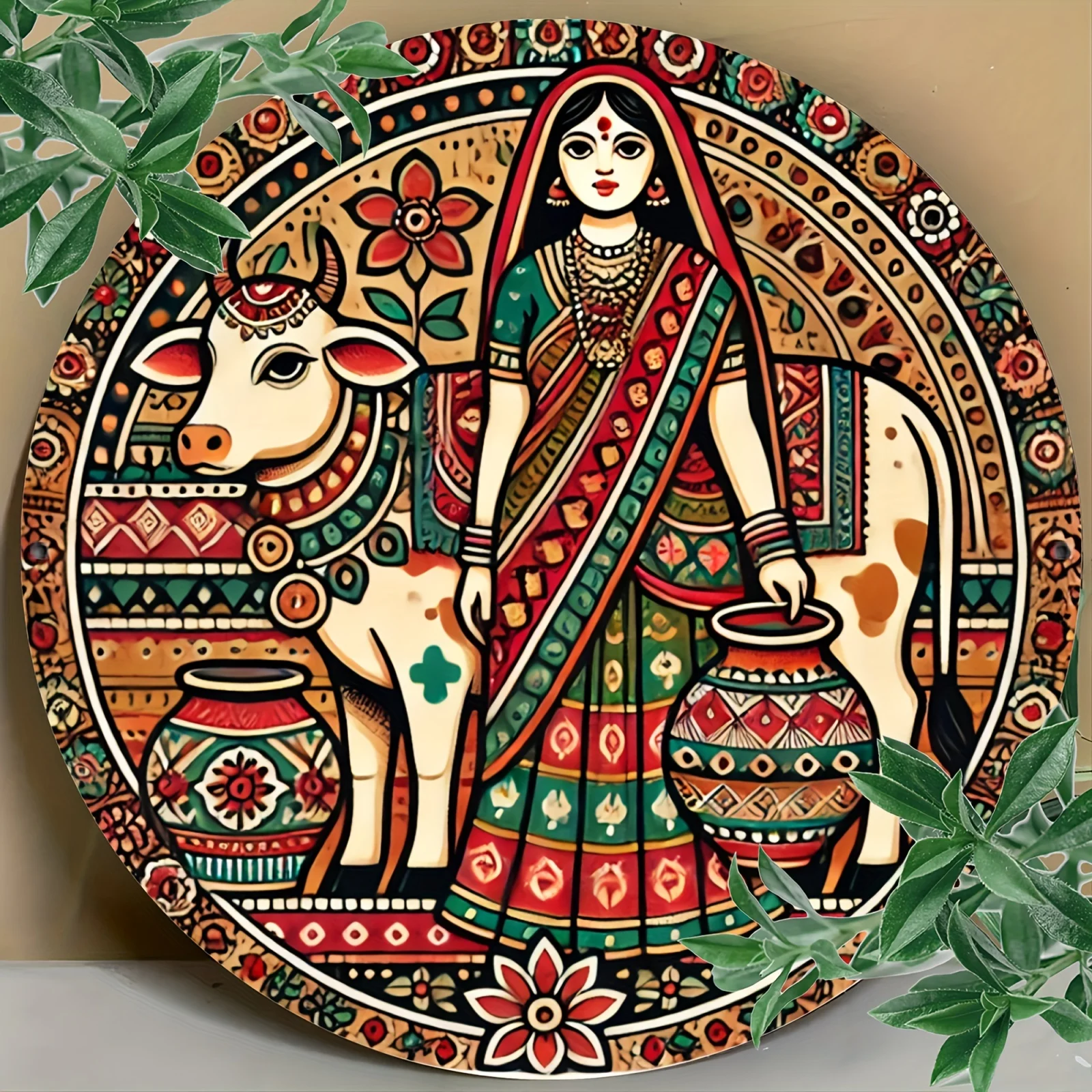 

Indian Woman with Cow, Round Aluminum Sign, Vintage Style Decorative Wall Art, Home Decor, 8x8In/11.8x11.8In, 2D