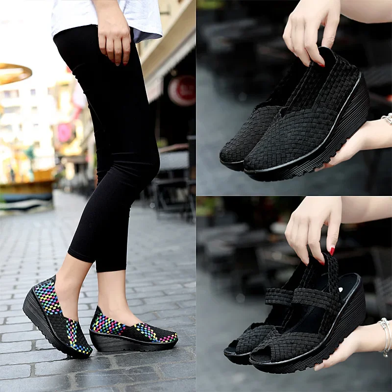 Summer Women Plus Size 35-42 for Women Wedges Platform Sneakers Fashion Weave Hollow Ladies Loafers Slip-on Casual Shoes 2025