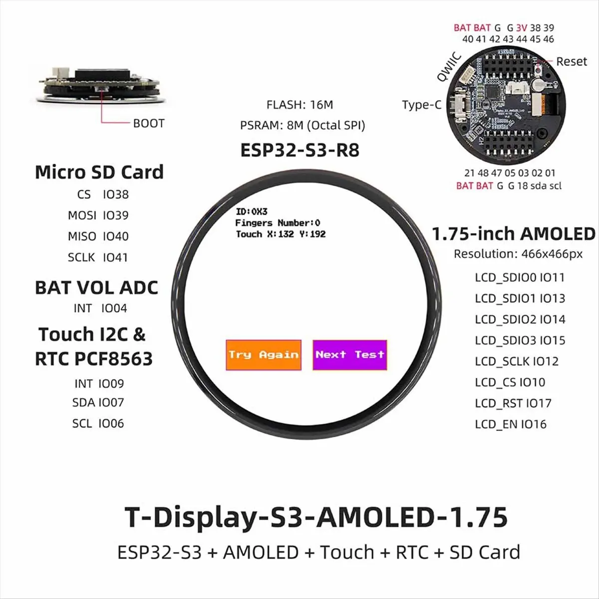 Super Sale T-Display-S3 ESP32-S3 Development Board, 1.75-Inch AMOLED, WiFi, Bluetooth, 16MB Flash, 8MB PSRAM