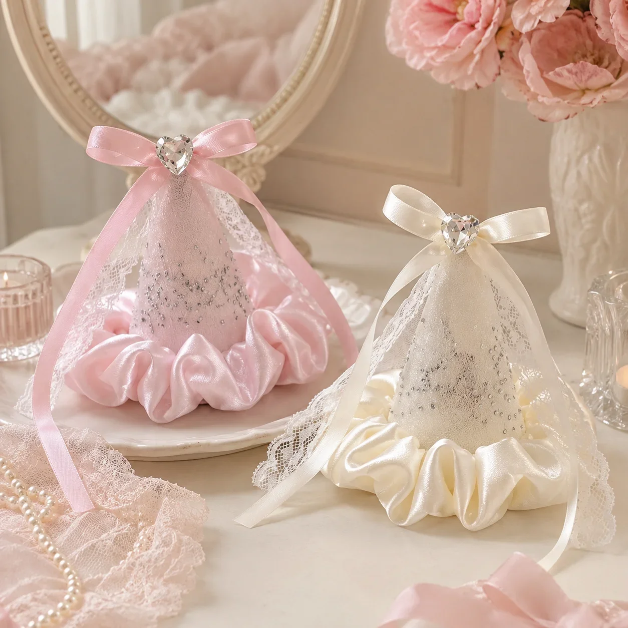 Coquette Mini Princess Hat Hair Accessory Satin Bow Lace Rhinestone Headpiece Cute Party Hair Ornament for Women Girls