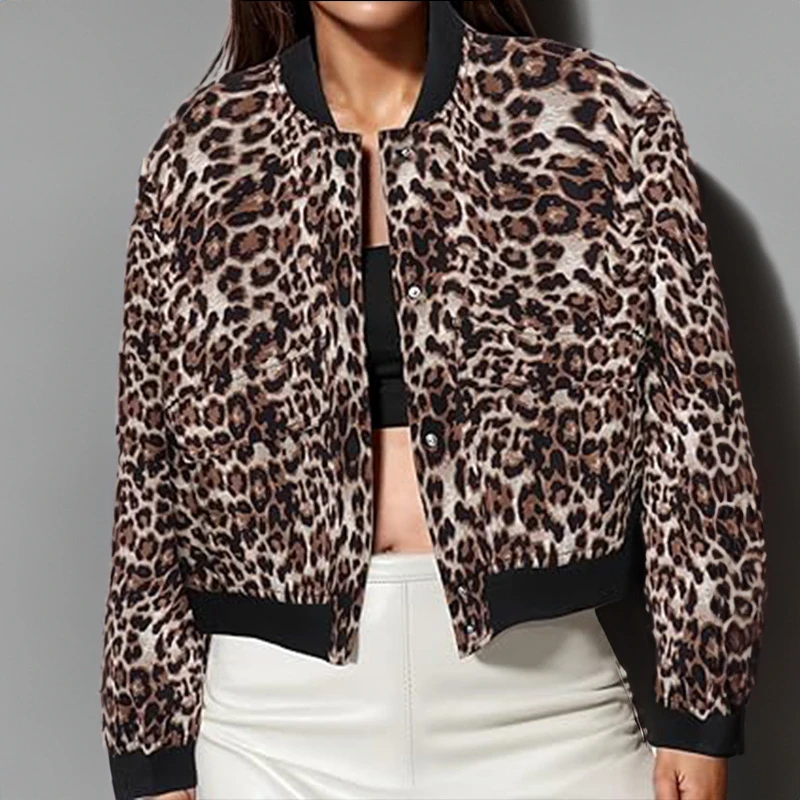 

New Stand Collar Short Coats Single Breasted Pocket Leopard Print Neutral Wind Small Women's Jacket Spring Autumn Female Tops