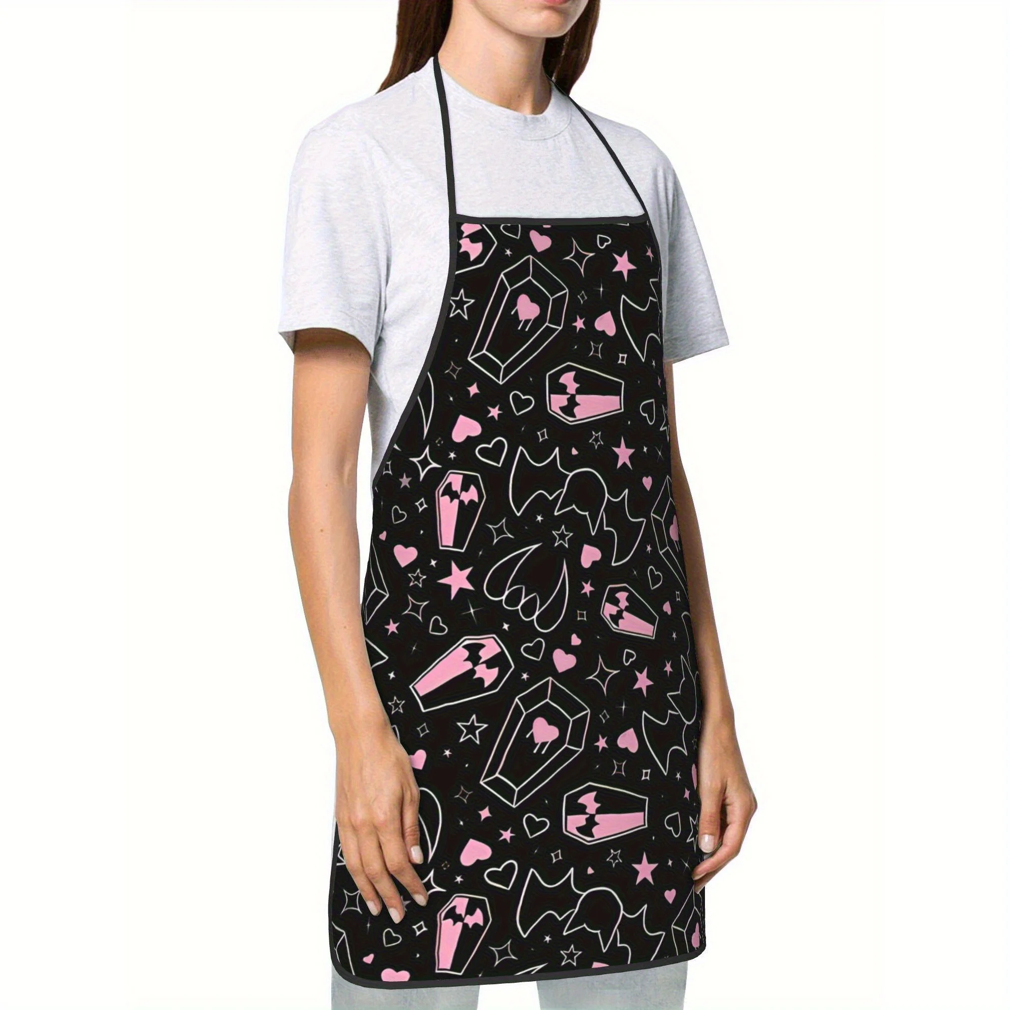1pc Gothic Vampire Apron Black with Pink Accents, Large Kitchen Apron for Cooking Halloween Costume Party Durable Apron