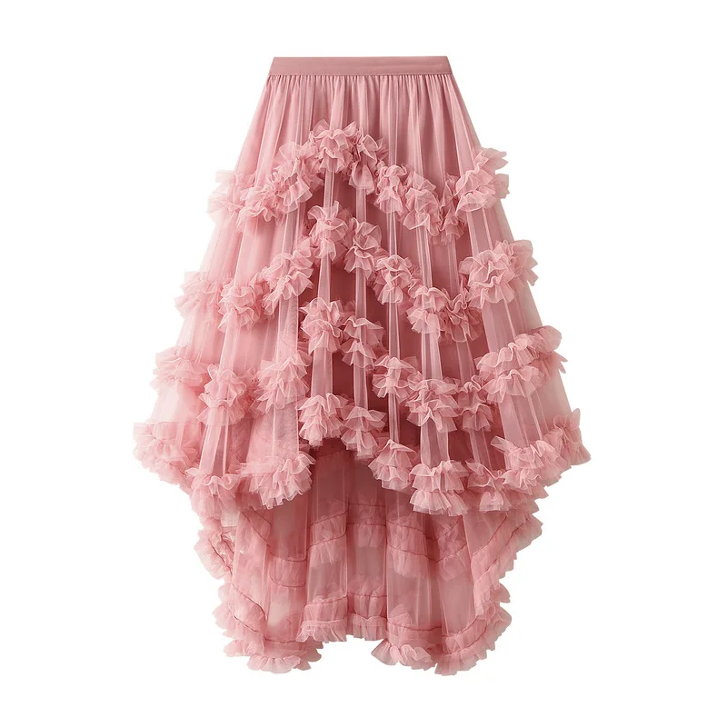 

Skinny elastic high waisted Maxi mesh cake skirt Summer Women's Skirts Solid irregular ruffle edge fluffy Lining skirt Woman