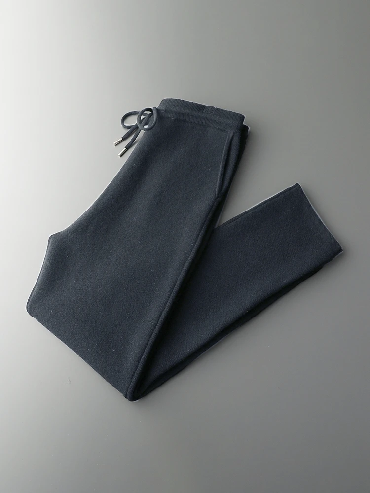100% Merino Wool Pencil Pants Men Thick Air Layer Elastic Waist Trousers Autumn Winter Casual Knitted Solid Soft Drawstring Pant