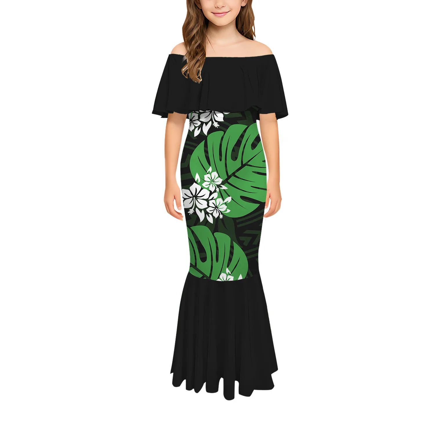 Retro New Girls' Dress One-Shoulder Slim Long Fishtail Dress Fashionable Floral Print Polynesian Custom-Made Long Dress