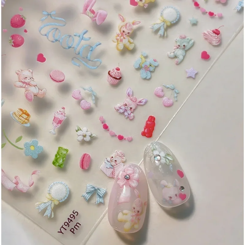 Sweet Cartoon Rabbits Cats Nail Stickers Bow Cakes Ice Cream Heart-shaped Fruits Self-adhesive Nail Decals DIY Nail Decoration