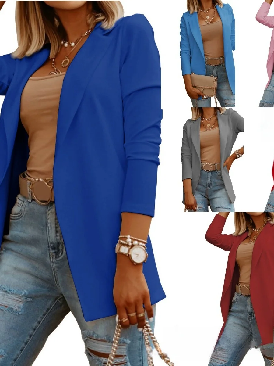 Loose Long Sve Pure Color Open Cardigan Suit Jaet for Women Street Sle Polyester Fabric Regular Length Single Button