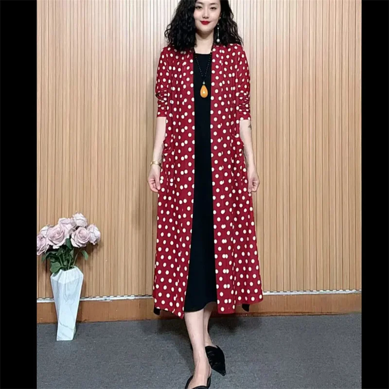 Summer Thin Polka Dot Long Sleeved Shawl Coat Jacket Women's Mid To Long Windbreaker Sun Protection Versatile Cool Outerwear