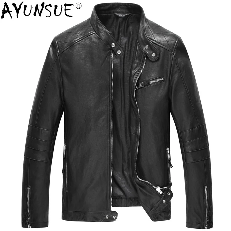 

AYUNSUE Autumn Real Genuine Leather Jacket Men Stand Collar Motorcycle Coat Sheepskin Coats Clothes Casaco Masculino WPY4096